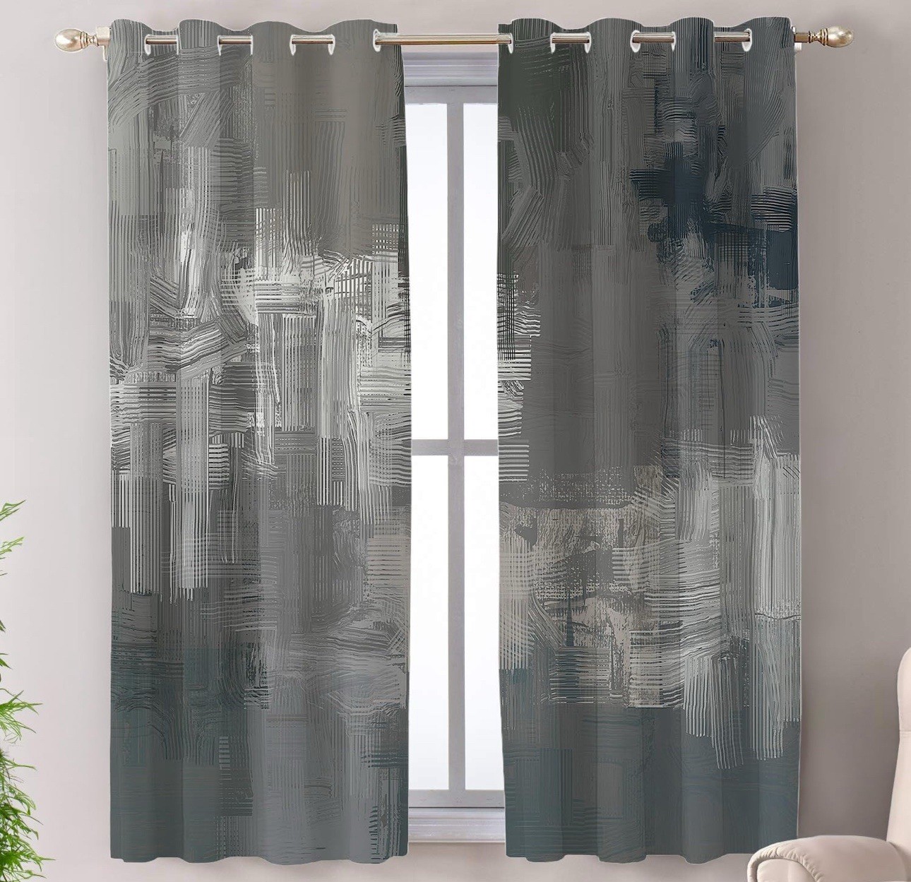 Black Grey Brushstrokes Blackout Curtains Modern Oil Painting 52×63 Thermal