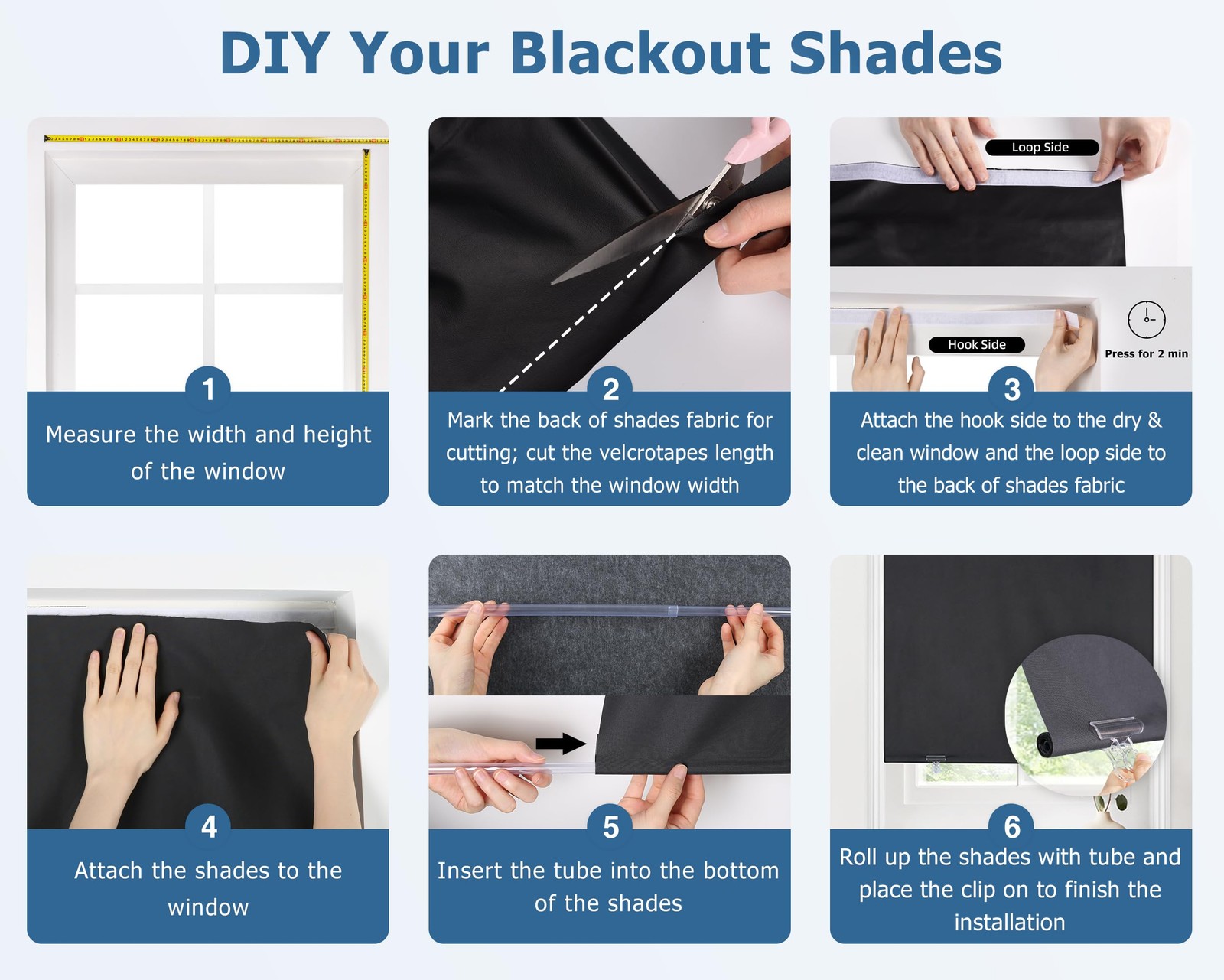 LazBlinds 100% Blackout Roller Shades, No Tools Drill 36»W x 72»H, Black