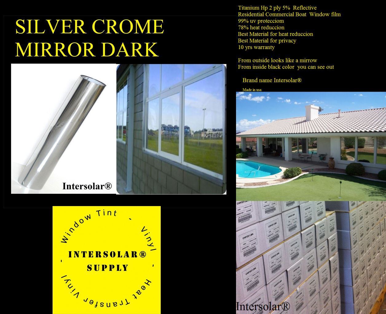 36″ x30′ Home Window Tint Silver/Black Crome Mirror Stop Heat 2ply 05% very dark