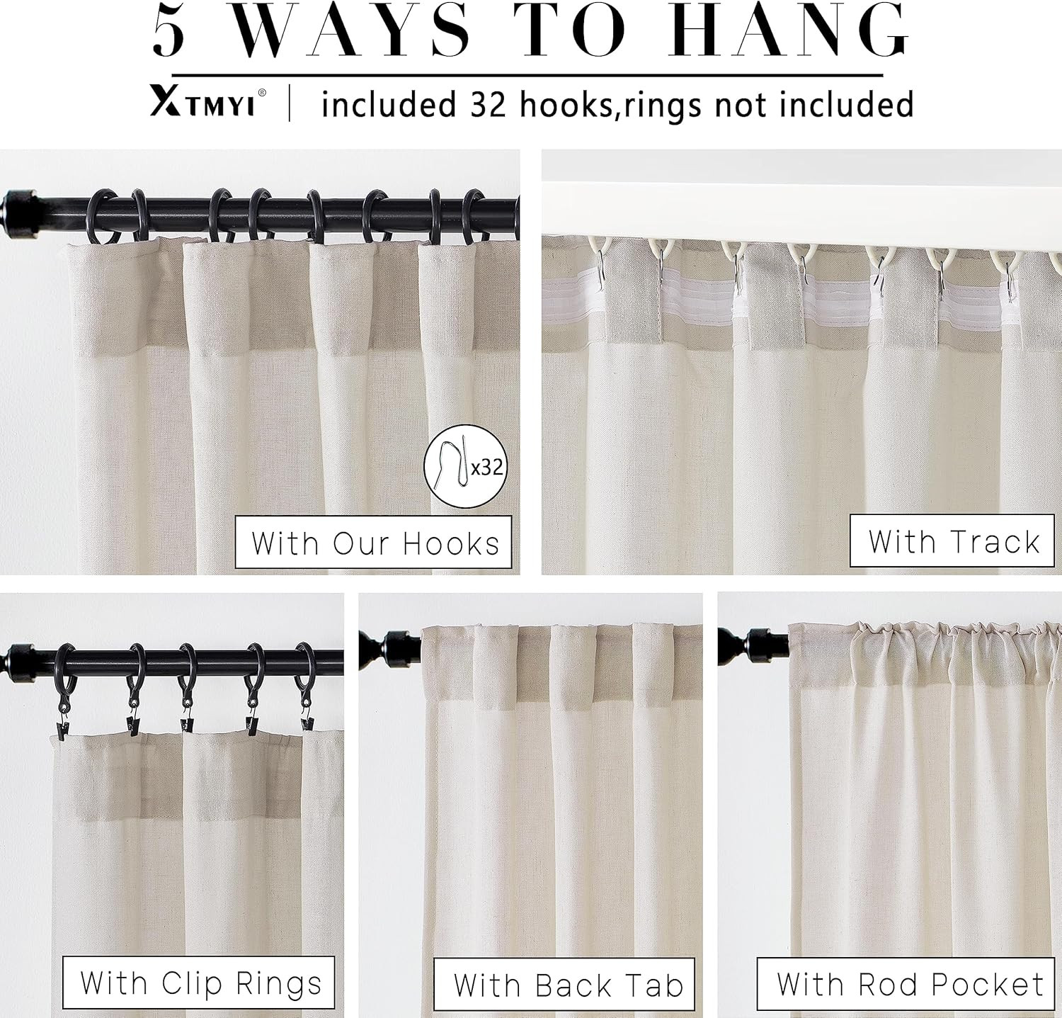 Beige Curtains 108 Inches Long for Living Room 2 Panels Linen Back Tab Greige Cu