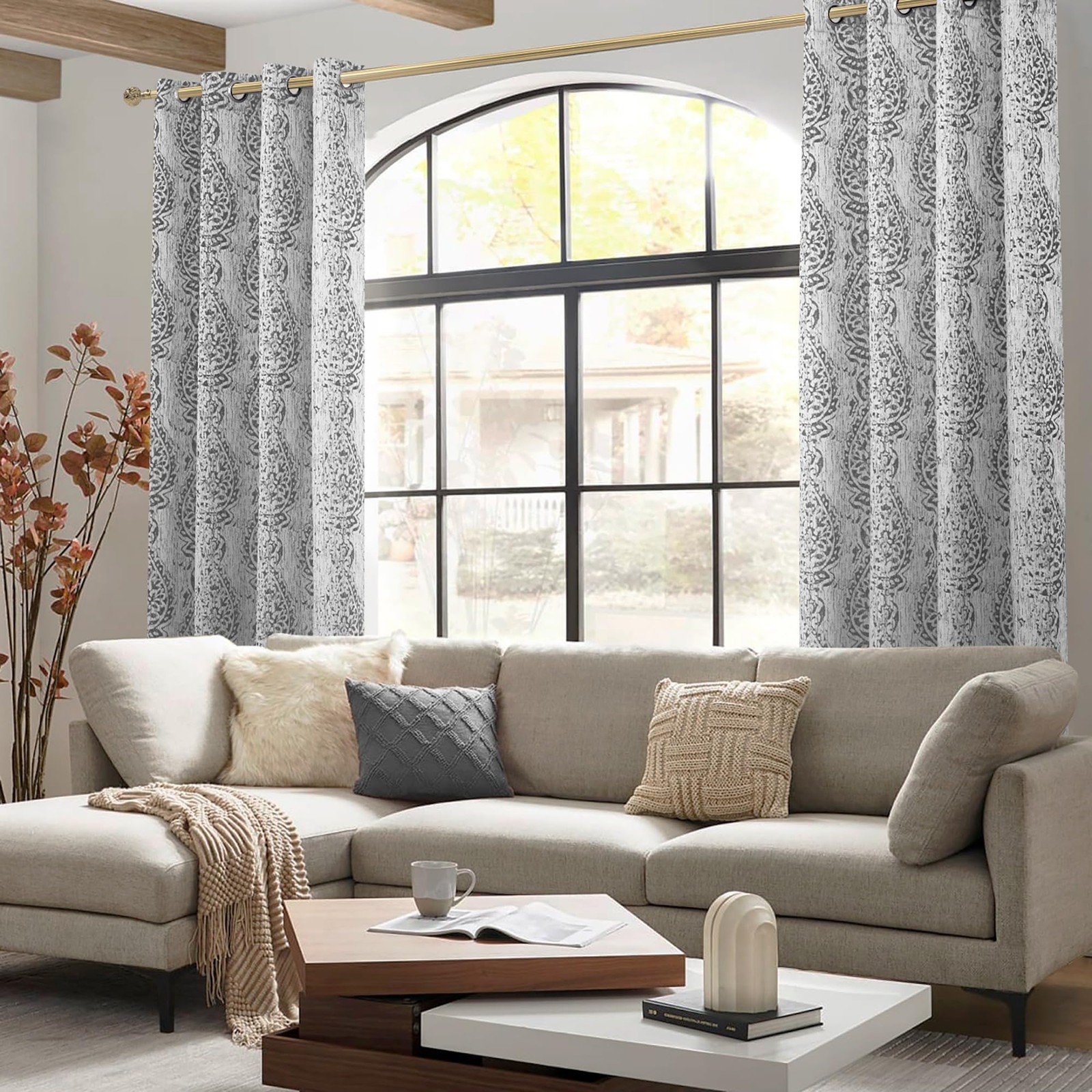 Mrs.Naturall Grey Damask Pattern Curtains 52×45″ Living Room Light Blocking