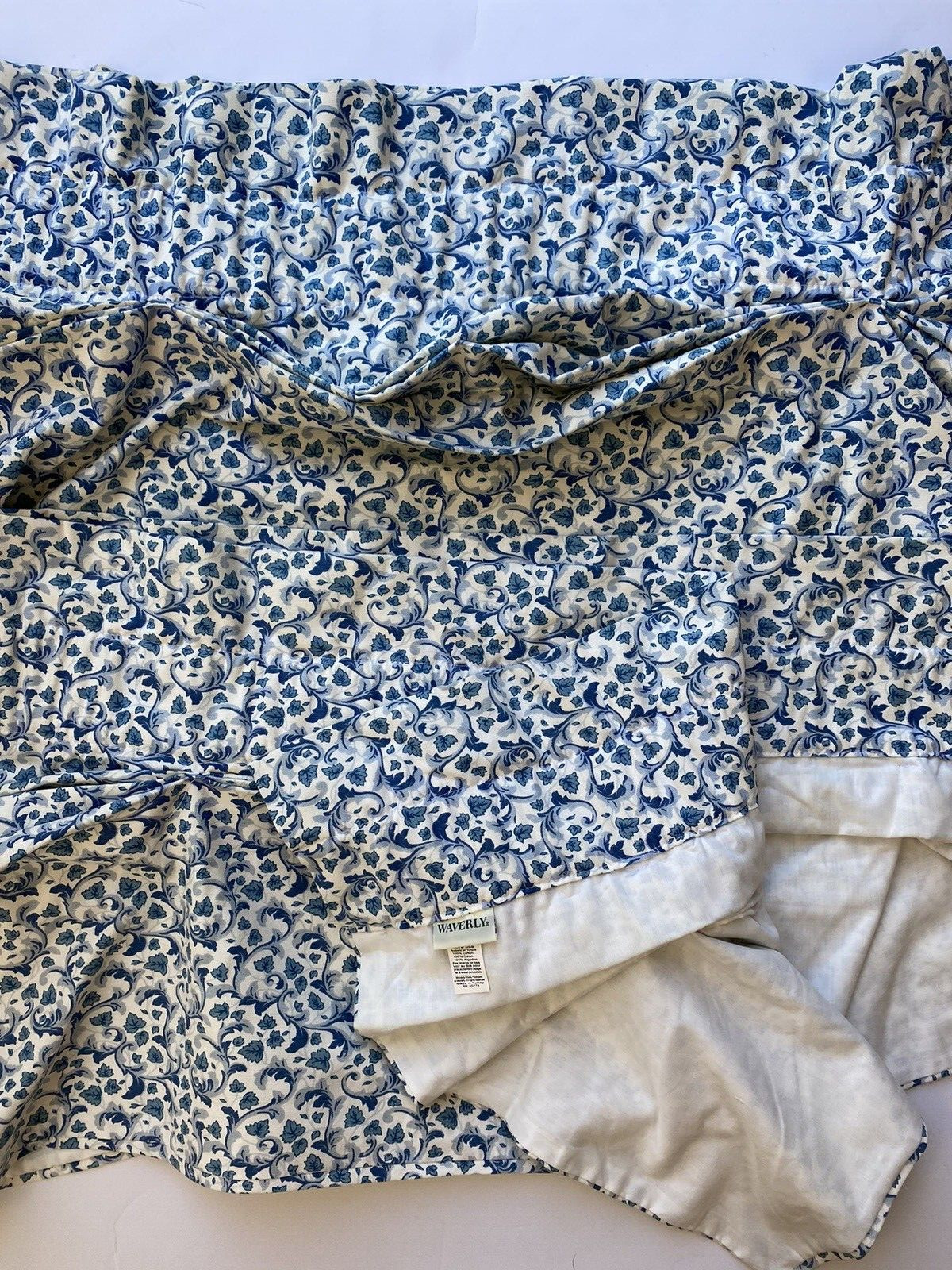 2 Waverly AMANDA Curtain Valance Set 17×80 Blue White Leaves Scroll Pleated