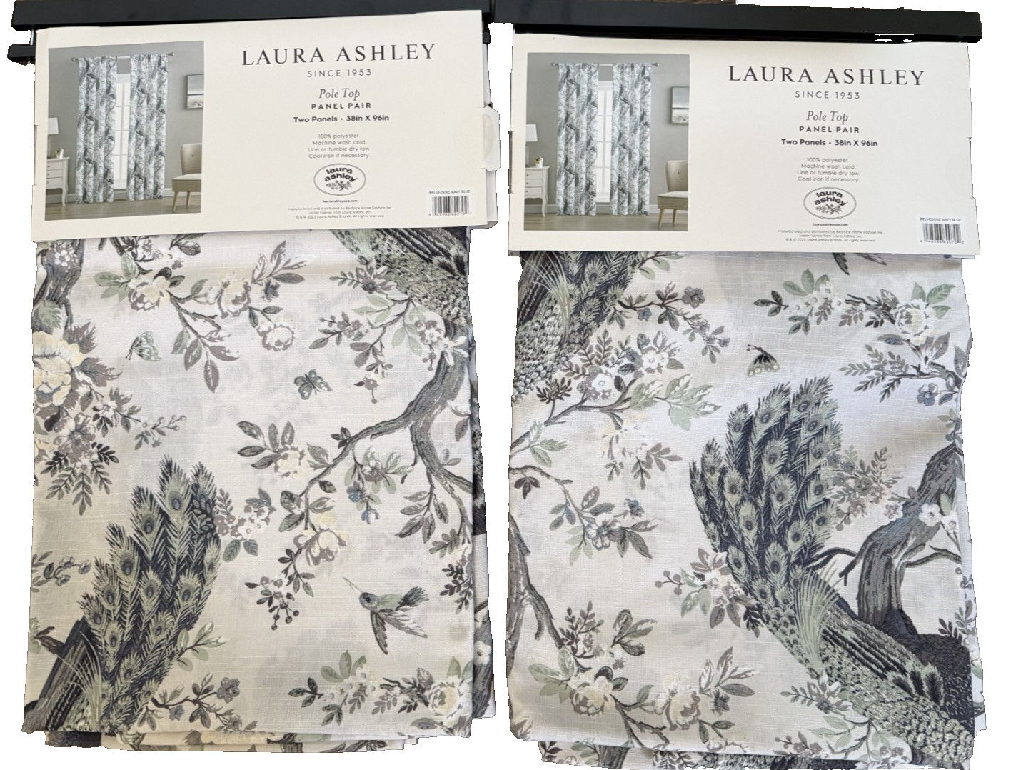 New Laura Ashley Belvedere Peacock Drapes 38 x 96 Set of 4 ~Navy~