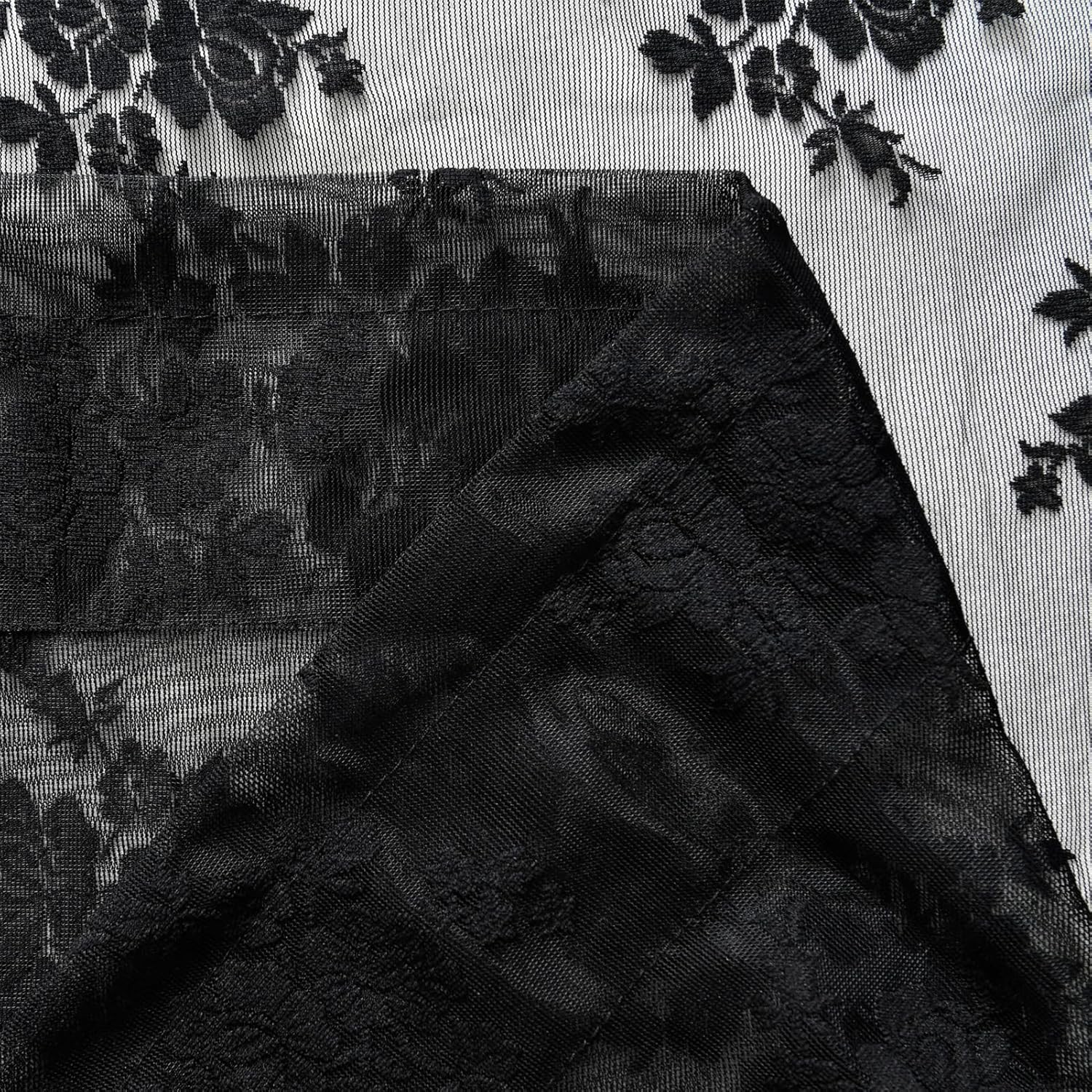 Kotile Black Lace Curtains 72 Inches Long 2 Panels, Country Rustic Floral Goth S
