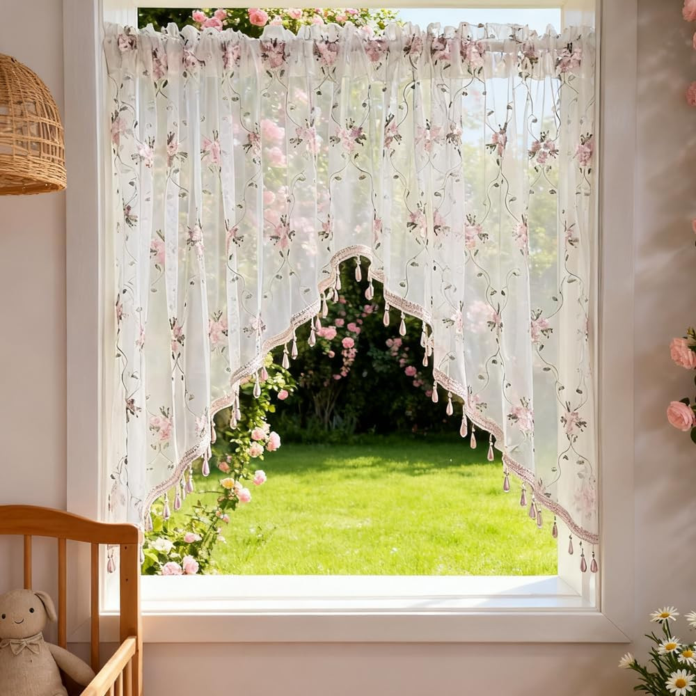 1PC Victorian Style Floral Sheer Swag Curtain Valance for Arched Door,Pink Embro