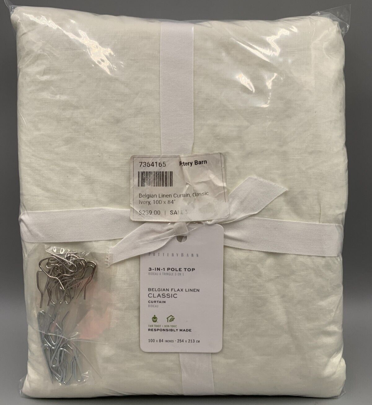 Pottery Barn Belgian Flax Linen Cotton Lined Curtain Classic Ivory 84″ #Q137P