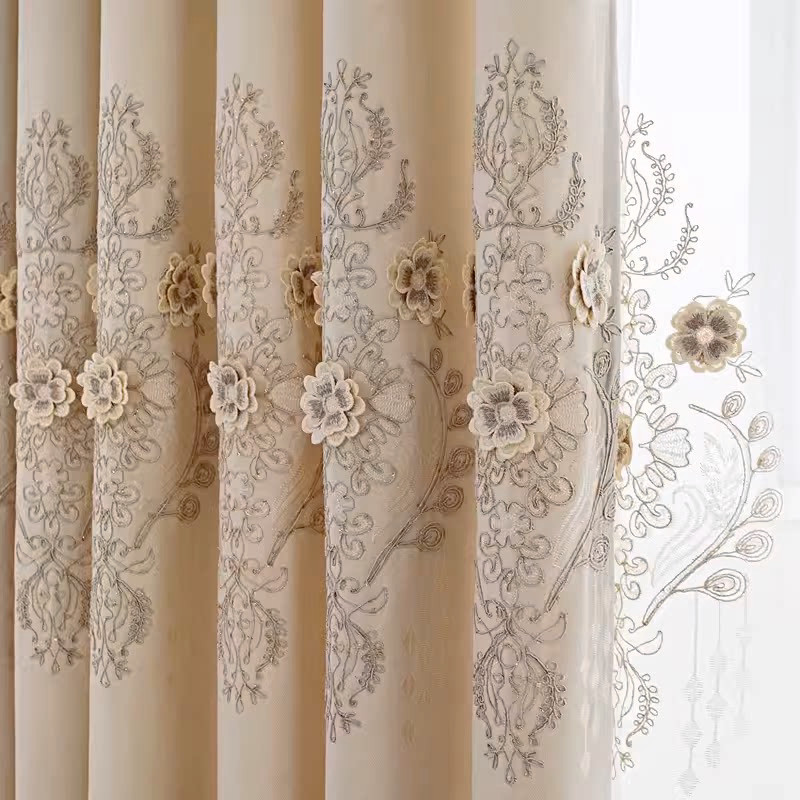 Velvet luxury beige European classical Embroidery valance curtain tulle M1857