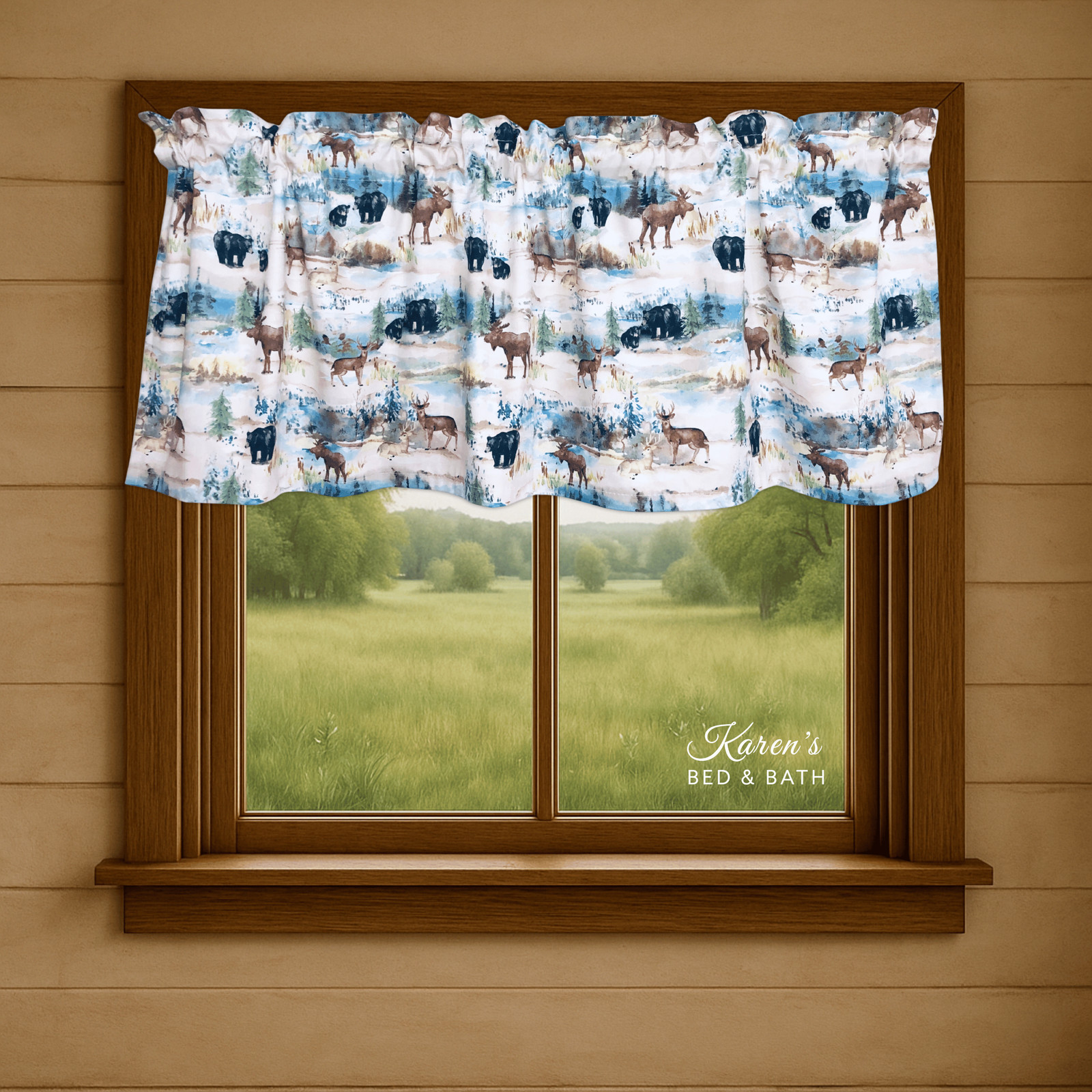 Woodland Wildlife Valance Curtain – Moose, Bear & Deer in a Mountain Landscape