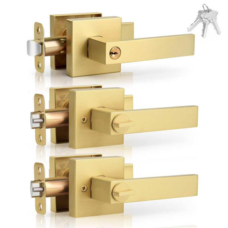 Gaurqiah Gold Door Handles Lock And Key 3 Pack Brushed Gold Interior Exterior