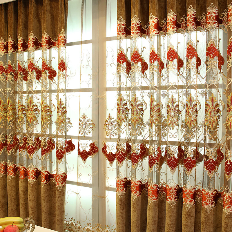 European embroidered chenille yellow Hollow-out curtain tulle valance M1379