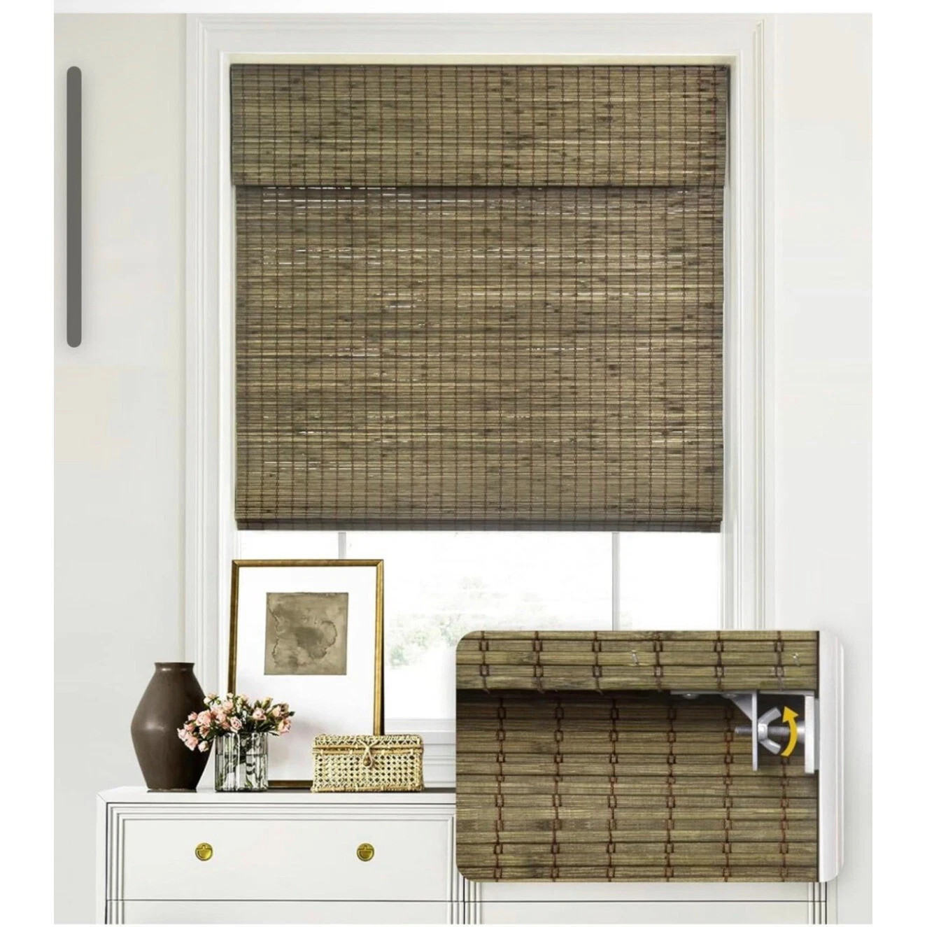 LazBlinds No Tools No Drill Cordless Bamboo Roman Shades, 34.5″ W x 64» H