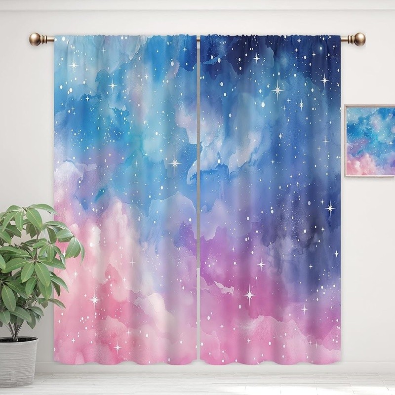 Pink Blue Galaxy Curtain Water-Resistant Space Theme Easy Hang Dreamy Clouds New