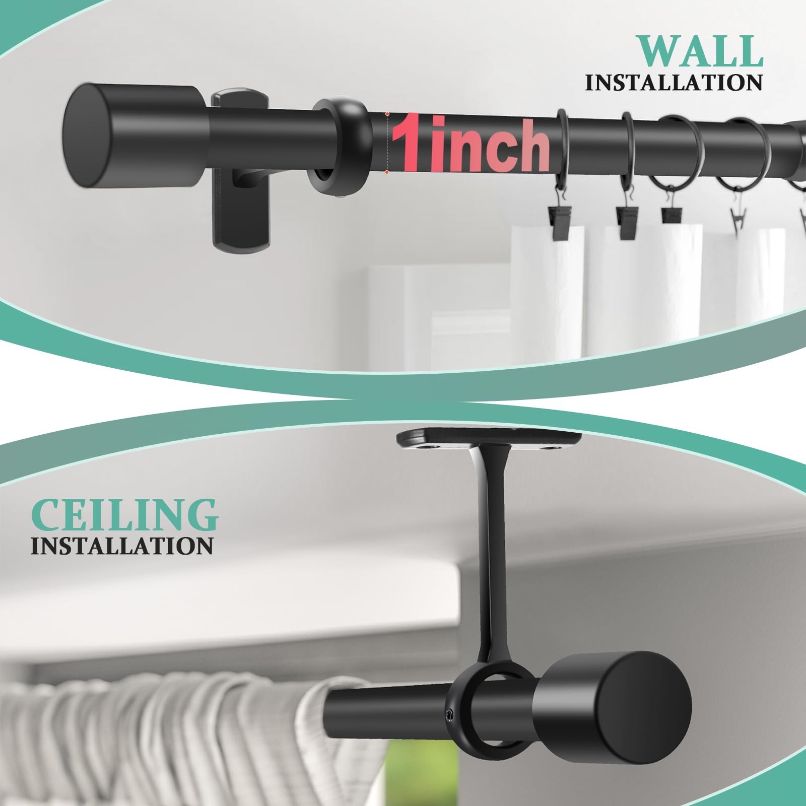 Curtain Rods for Windows 72 to 144 Inches, Adjustable 1 32″ 144″, Black