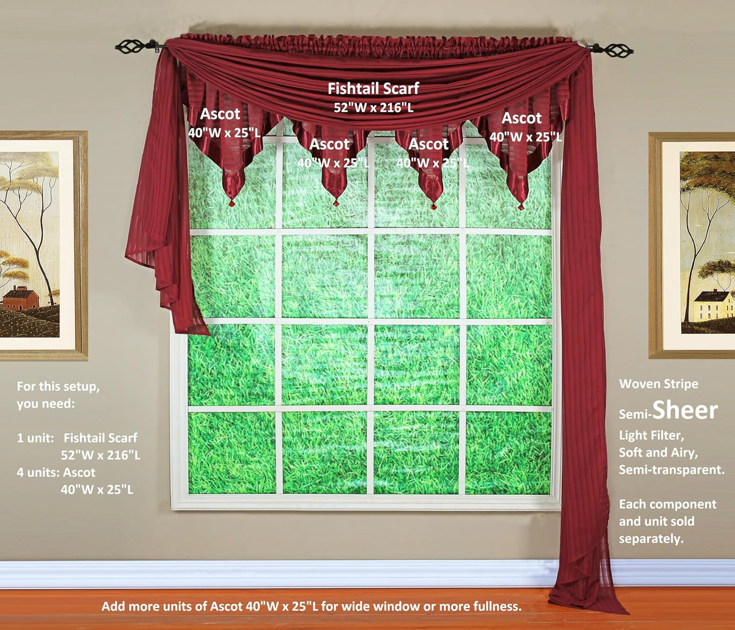 , Silhouette Stripe Sheer Ascot, Burgundy, 40″ W X 25″ L