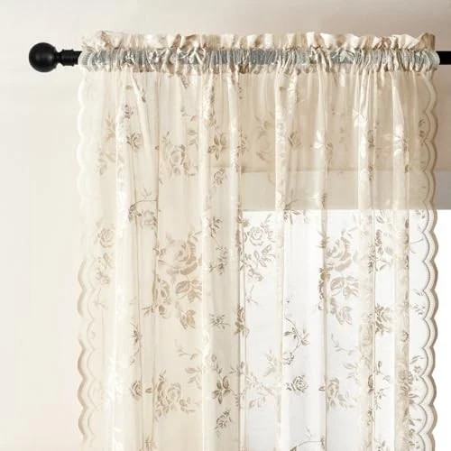 Lace Curtains 84 Inches Long Victorian Floral 52″W x 84″L (Pack of 2) Beige