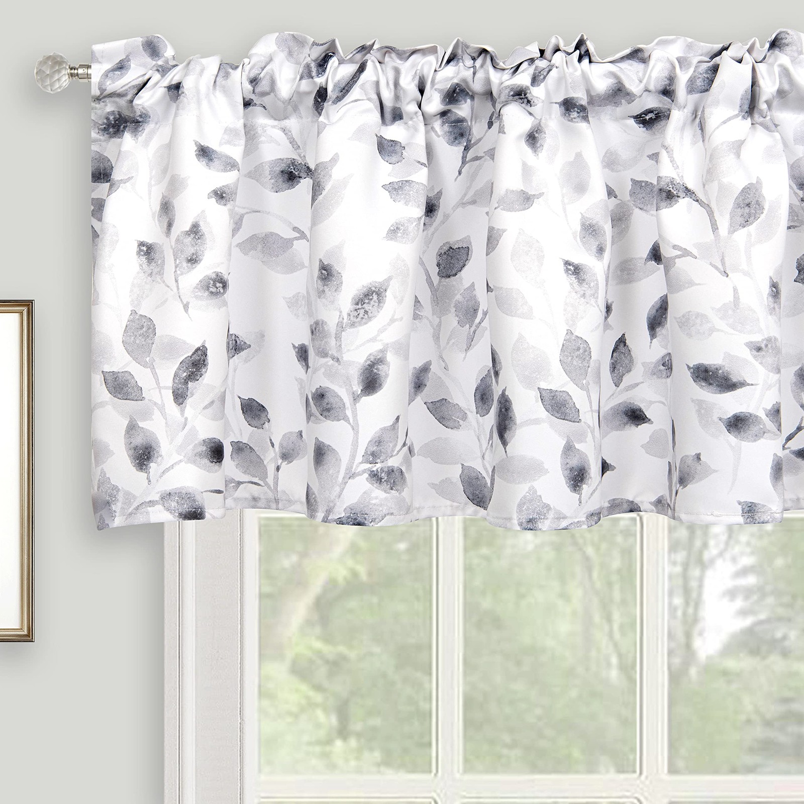 Watercolor Leaves Print Valance for Windows, Grey and White Floral Printed Sh…