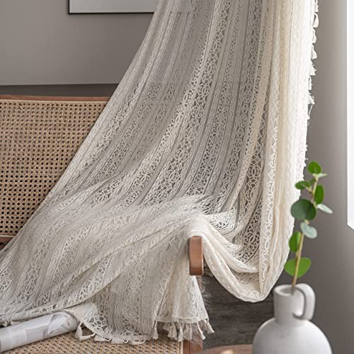 Boho Lace Curtains for Bedroom 96 59″W x 96″L (Pack of 2) Beige Knitted Lace 02
