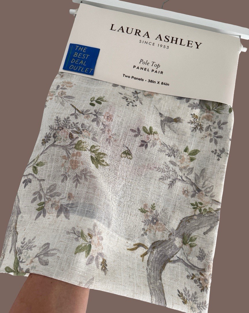 Laura Ashley Window Curtains 2 Panels 38 x 84″ Linen Khaki Gray Cream Pole Top