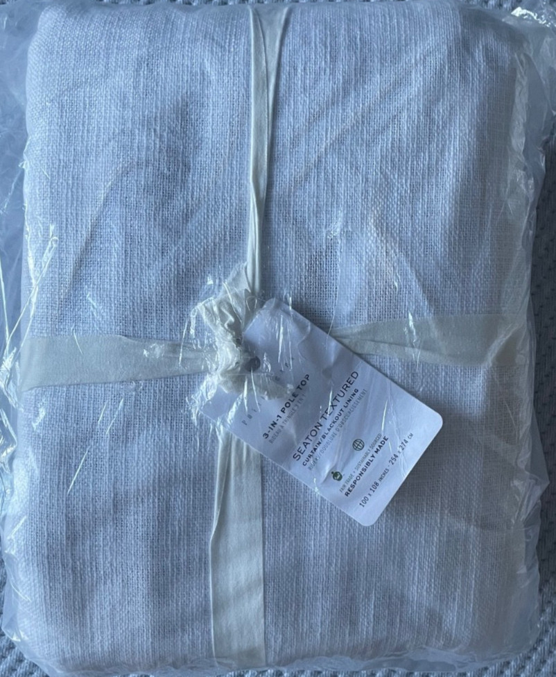 NEW $359 POTTERY BARN Seaton Textured Cotton Blackout 3in1 Curtain 100″x108″ Wht