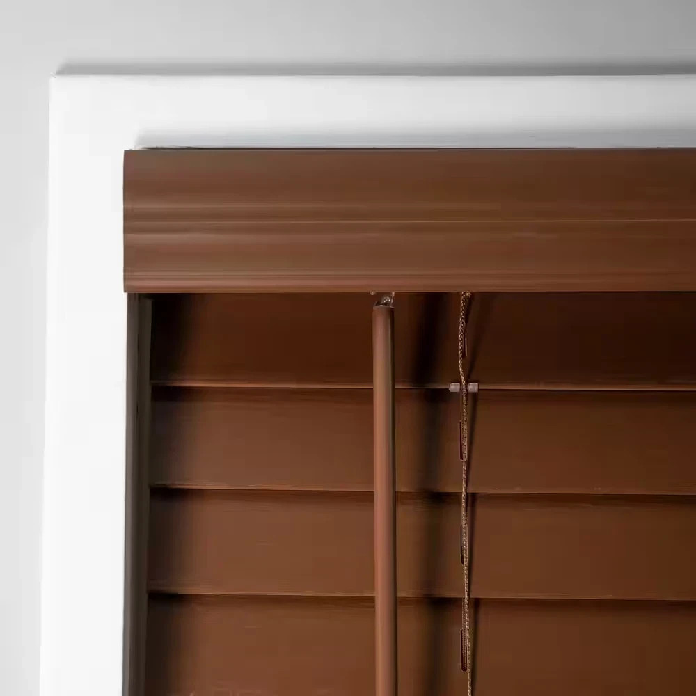 Dark Oak Cordless Room Darkening Faux Wood Blinds with 2 In. Slats – 33 3/4 X 48