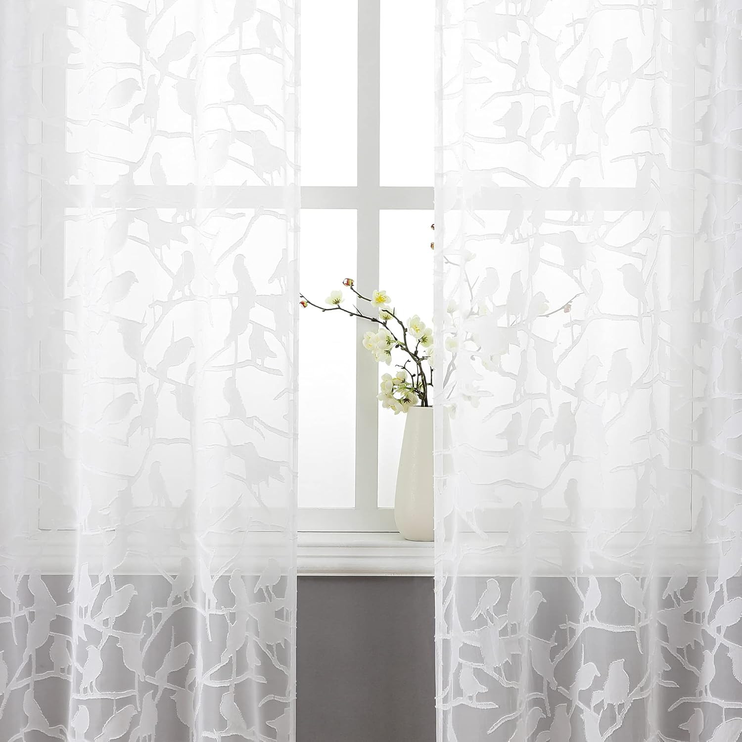 OVZME Anji Bird White Sheer Curtains 45 Inches Long 2 Panels Set for Small Windo