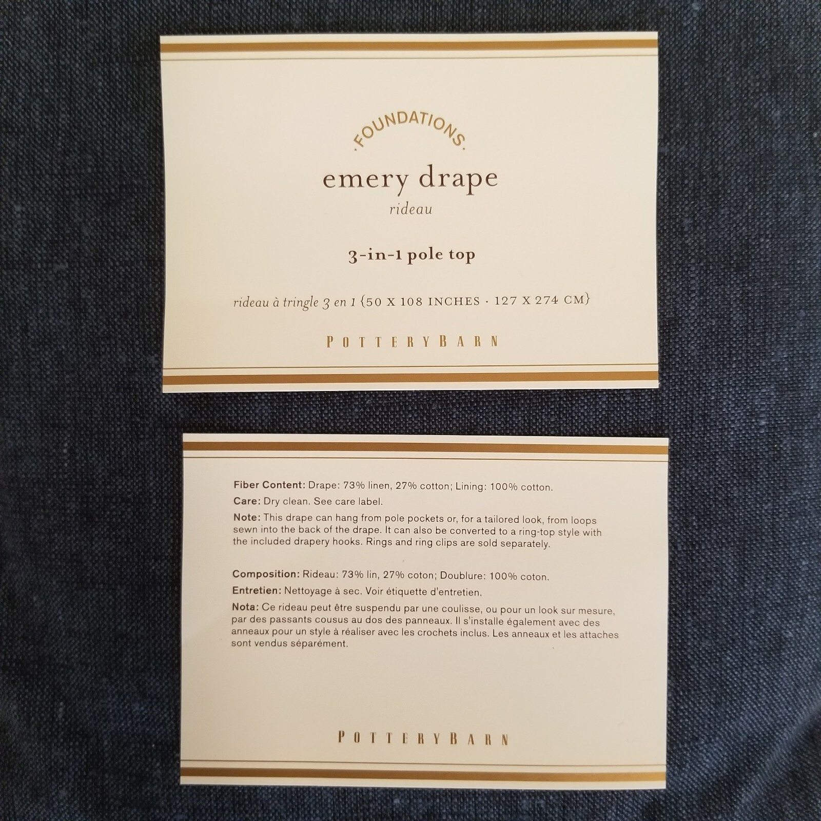 Pottery Barn Emery Linen Curtain 50×108 Cotton Lining Midnight Denim