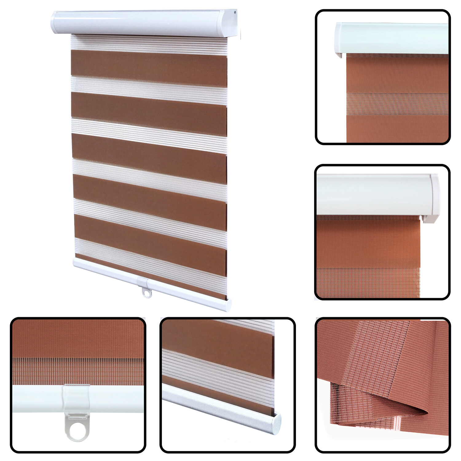 HTTMT- Zebra Roller Blinds [(W)40“ x (H)72”] Brown, Cordless, Dual Layer Shades,