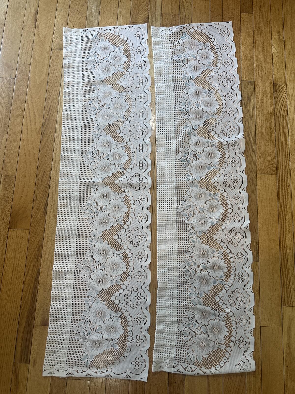 VTG Floral Lace Curtain Valances Pair White Blue Rod Pocket Cottage 14” x 57”
