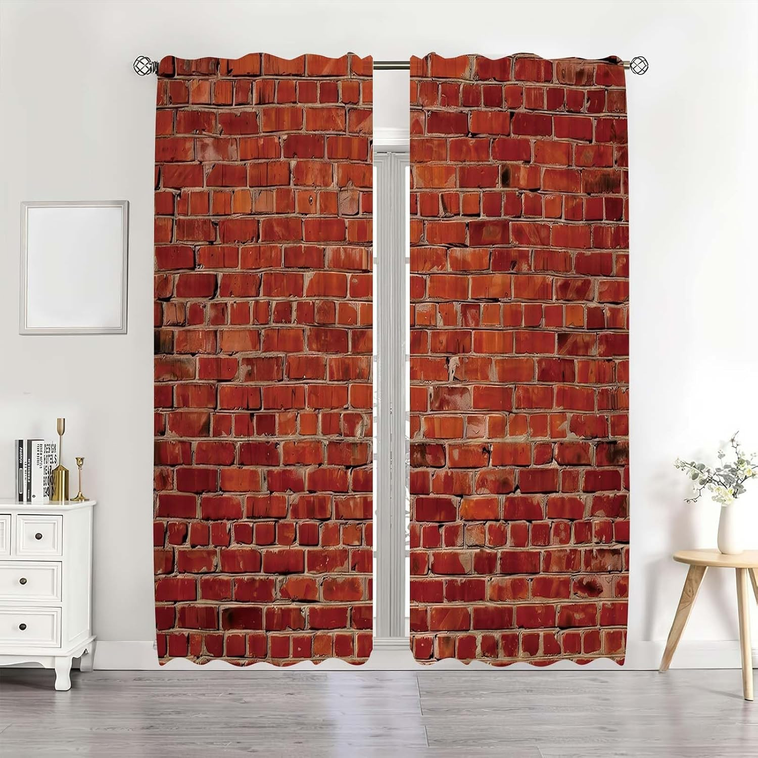 41X84Inch Red Brick Wall Curtains Vintage Pattern Printed Semi Sheer Window Trea