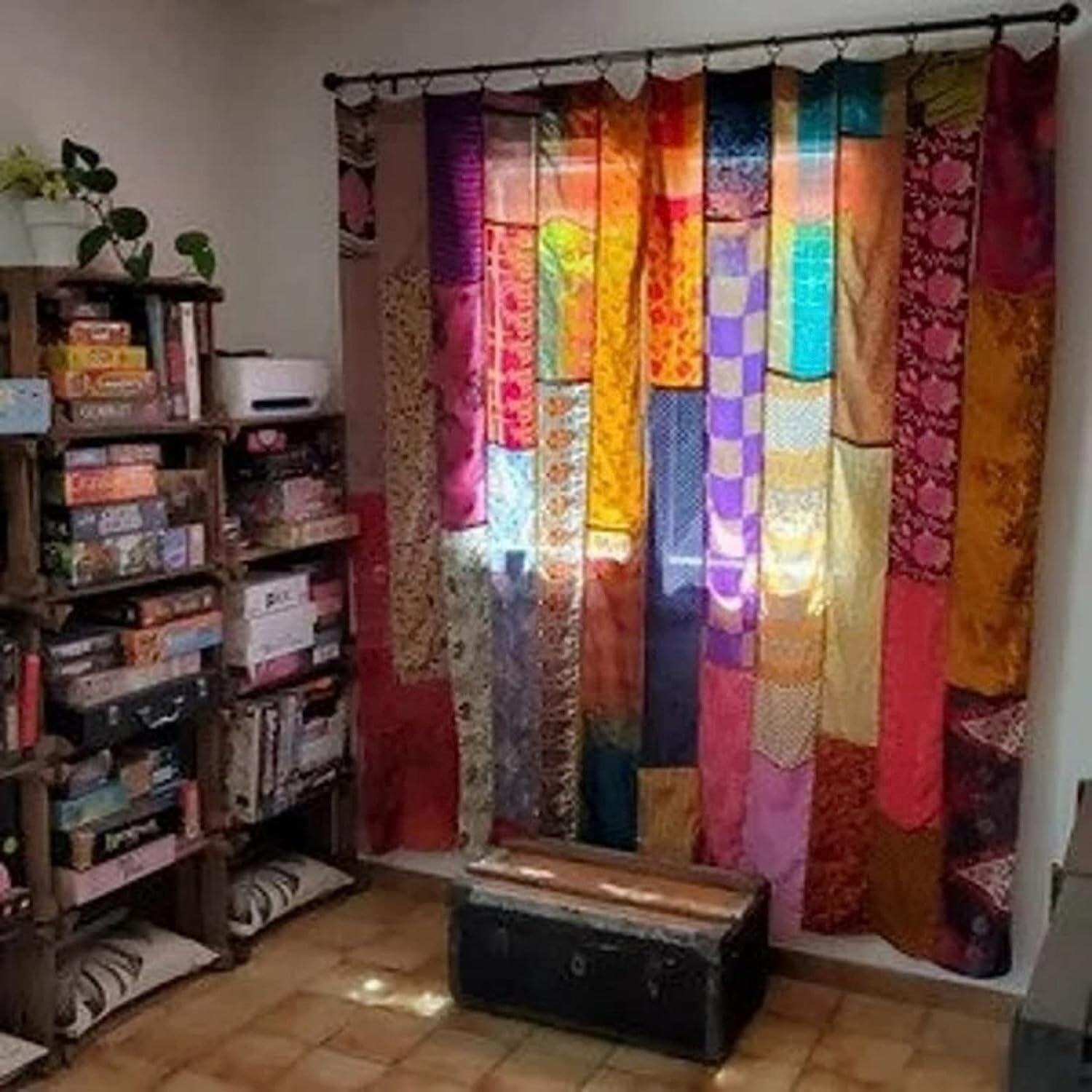 2 Pcs Indian Sari Patchwork Curtain Drape Window Decor Multi Silk Sari Curtain