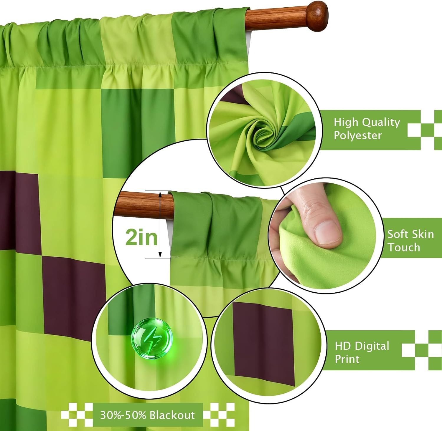 Gingham Window Curtains 84 Inch Length 2 Panels Set, Polyester Window Curtains f