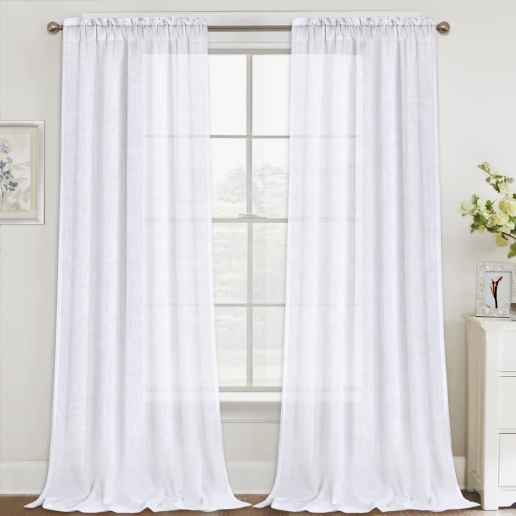 FantasDecor White Linen Curtains 52″W x 108″L Rod Pocket Set of 2 New