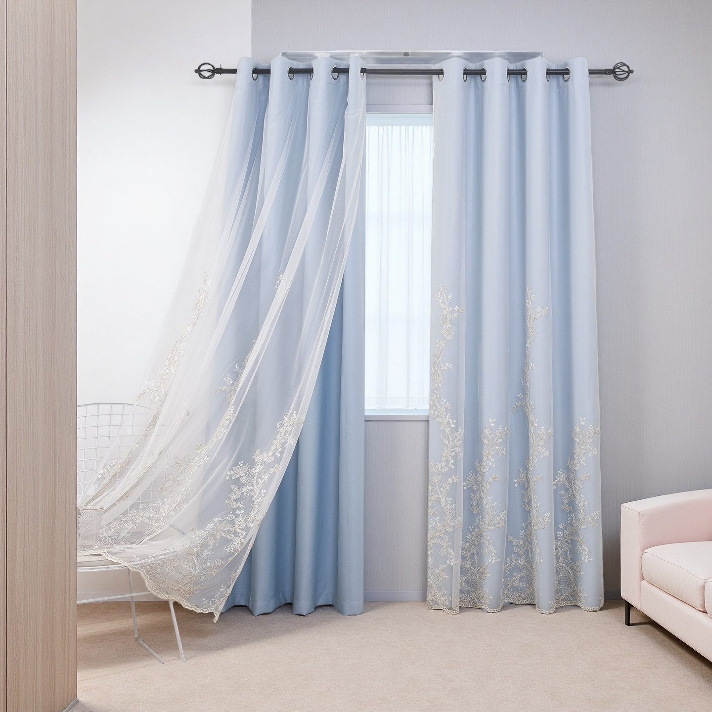 2Panels 52x96in Blue Double Layer Curtains Embroiered Sheer, Grommet Drape