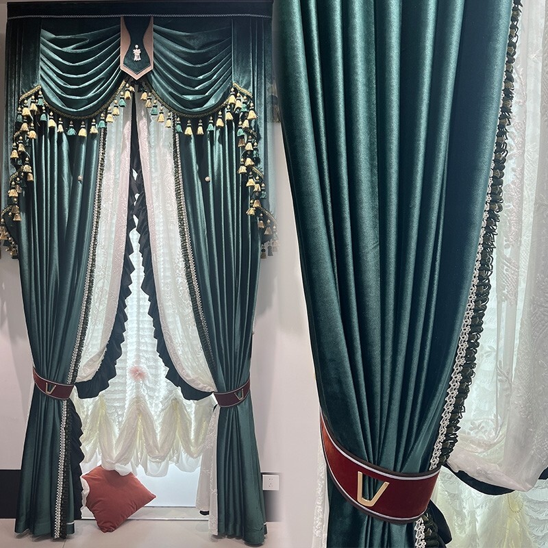 Custom luxury dark green flannelette velvet cloth blackout curtain valance C2119