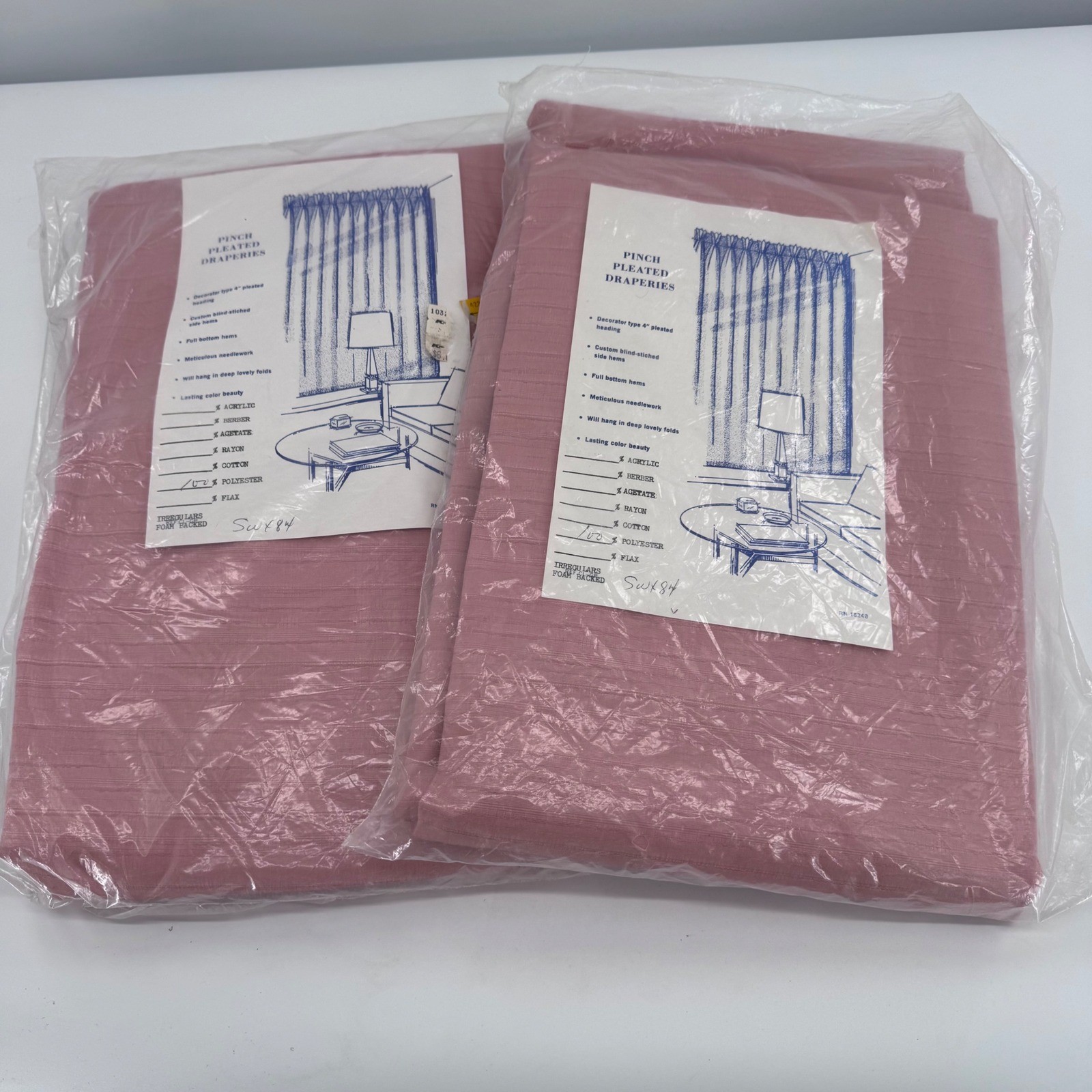 Vintage Pinch Pleated Draperies Set 2 Panels Pink 84″ Foam Backed Irregular MCM