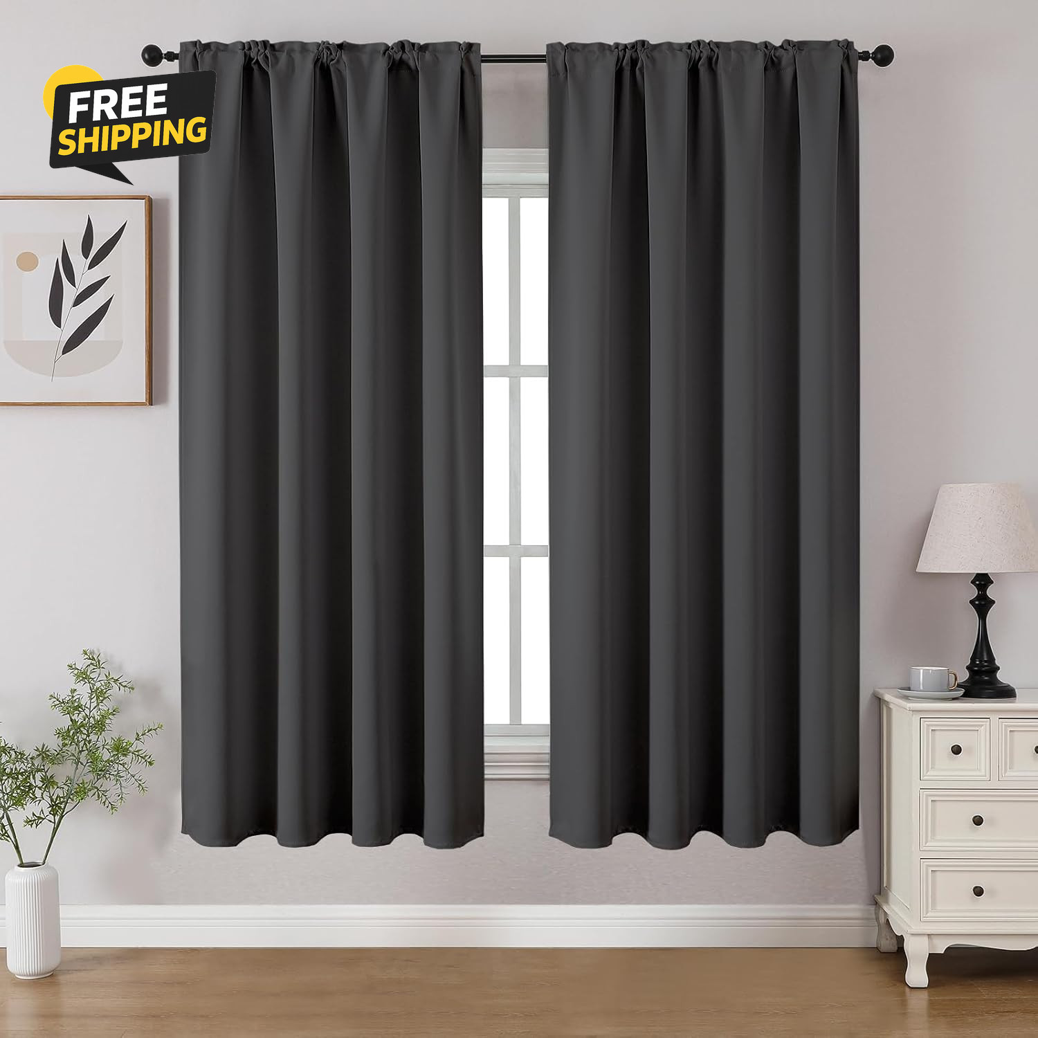 Dark Grey Blackout Curtains 54 Inch Length 2 Panels Set, Rod Pocket Room