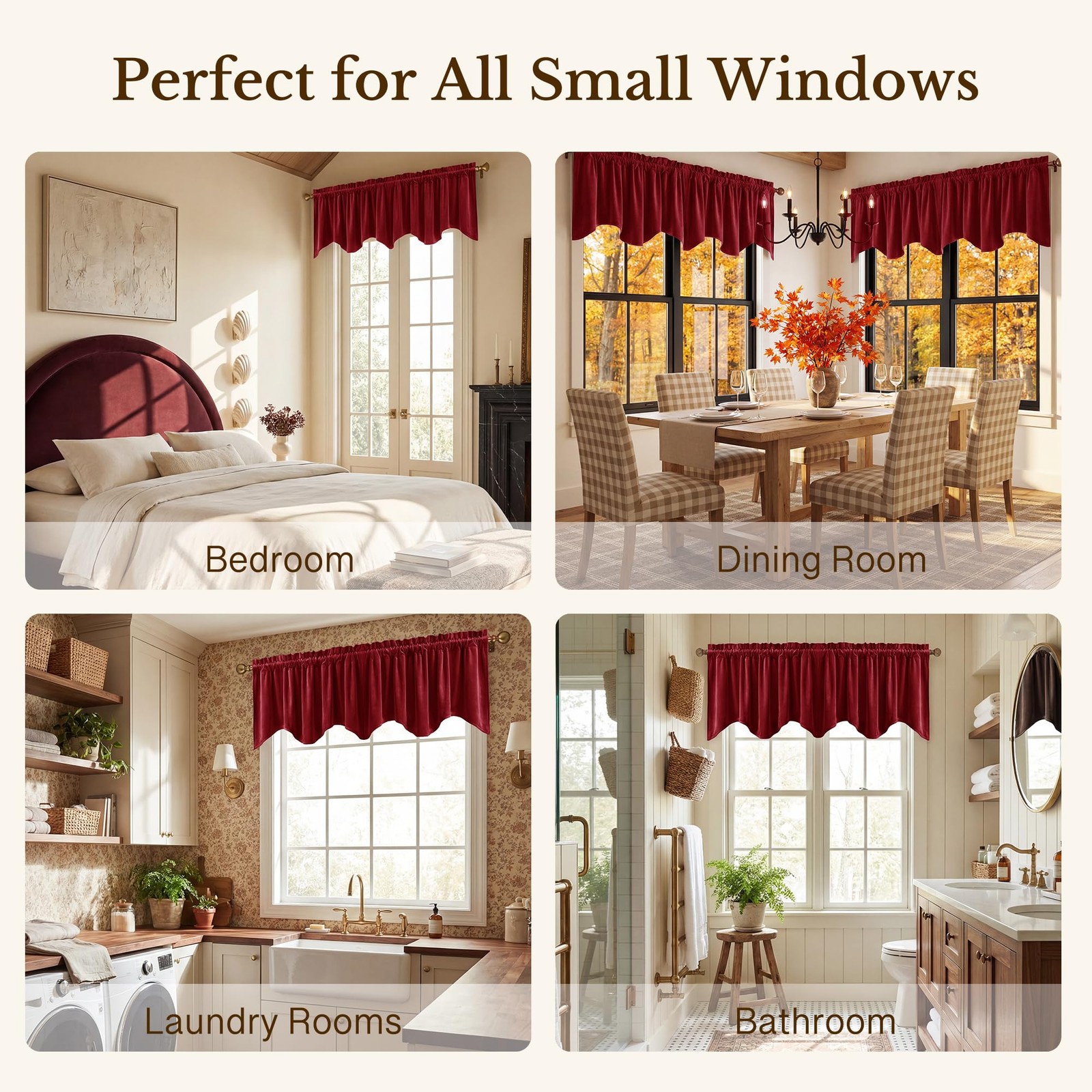 Red Christmas Window Valance, Thick Velvet Cafe Curtains with Wavy Edge, Vint…