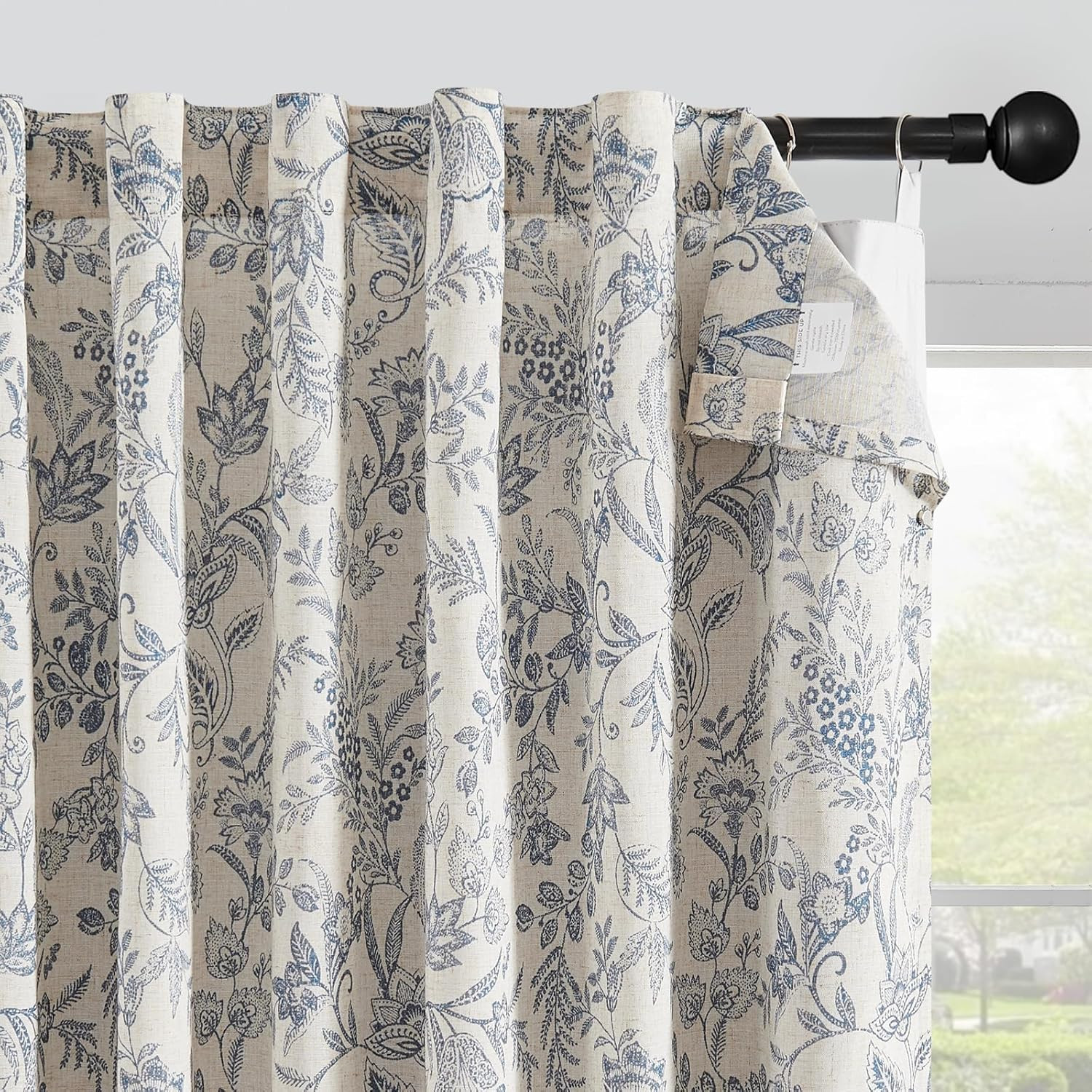 Floral Linen Curtains with Blackout Liners, 84″ Set of 4, Blue on Beige