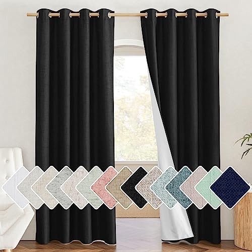 Vintage Open Linen Weave Flax Thermal Curtains 52″W x 84″L (Pack of 2) Black