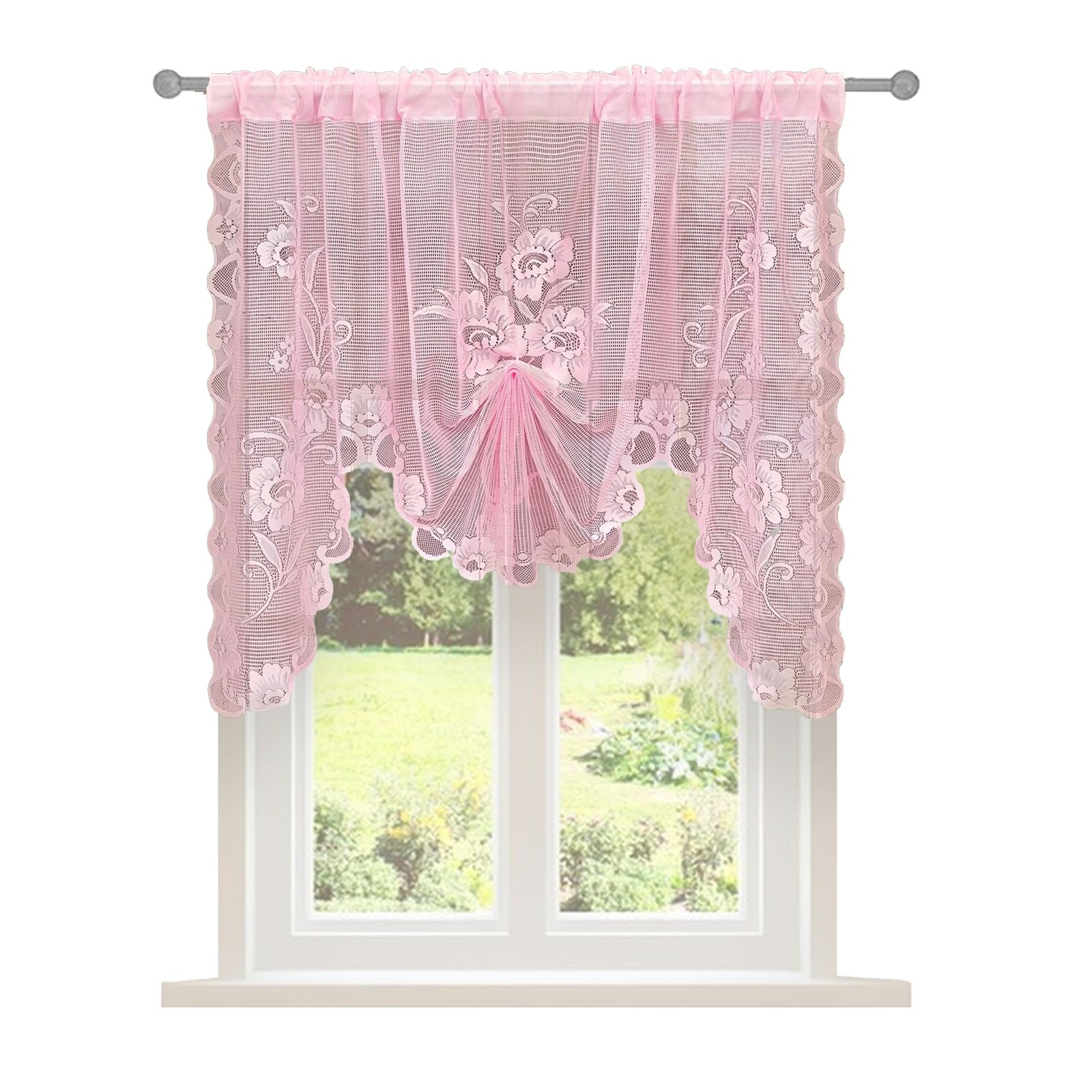 Pink Semi-Sheer Floral Lace Curtain Swag for Kitchen Half Window Bathroom Dec…