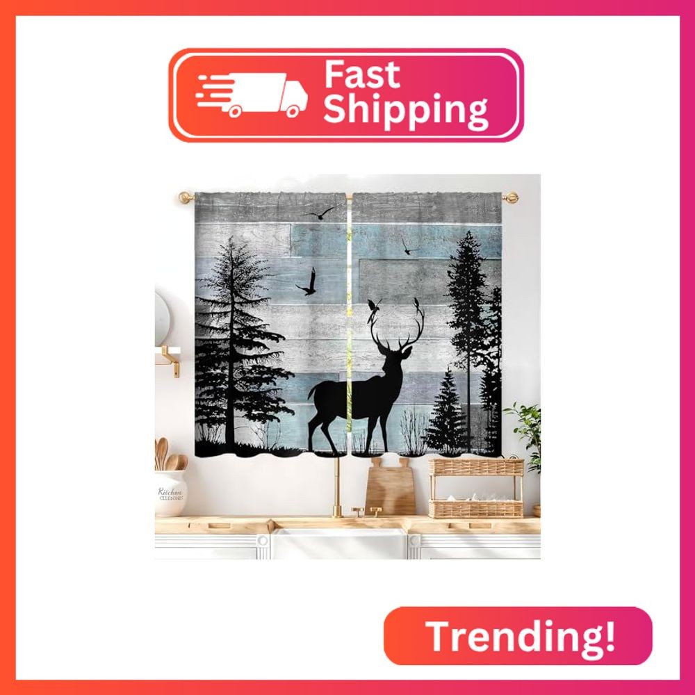 Famiffty Rustic Forest Deer Kitchen Curtains 27.5W X 39L Inch 2 Panel Rod Pocket