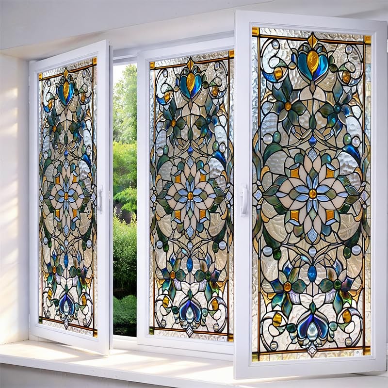 Stained Glass Window Film 17.7×39.3 inch Floral Decorative Window Privacy Fil…