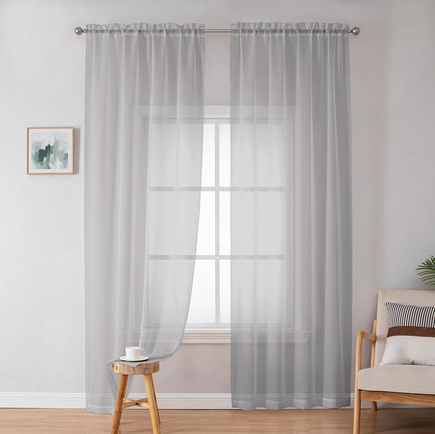 OWENIE Light Gray Voile Sheer Curtains, 84″ Long, 42″W, (2 Panels), Rod Pocket