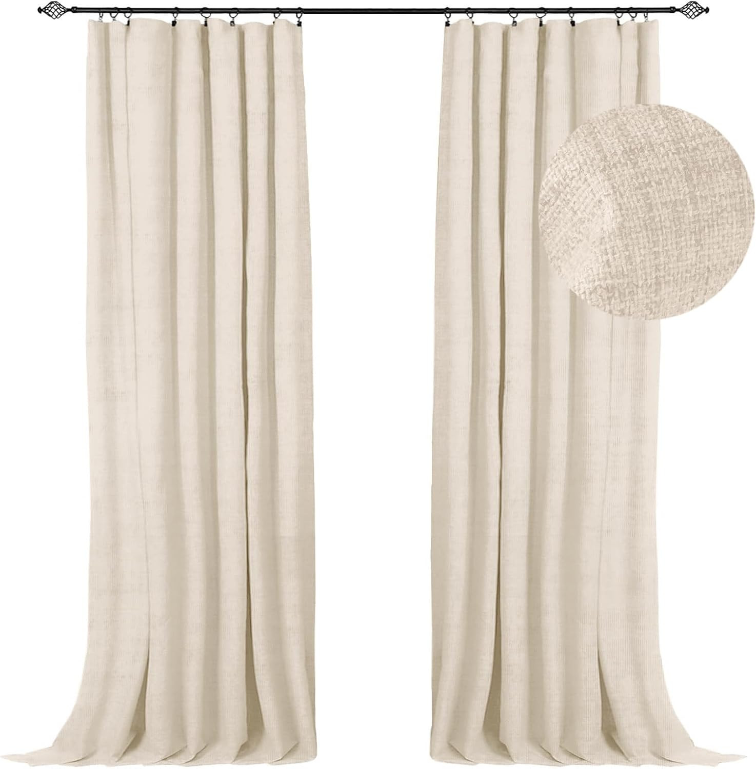 102″ Full Blackout Curtains Set, Faux Linen, Thermal Insulated, Butter Cream