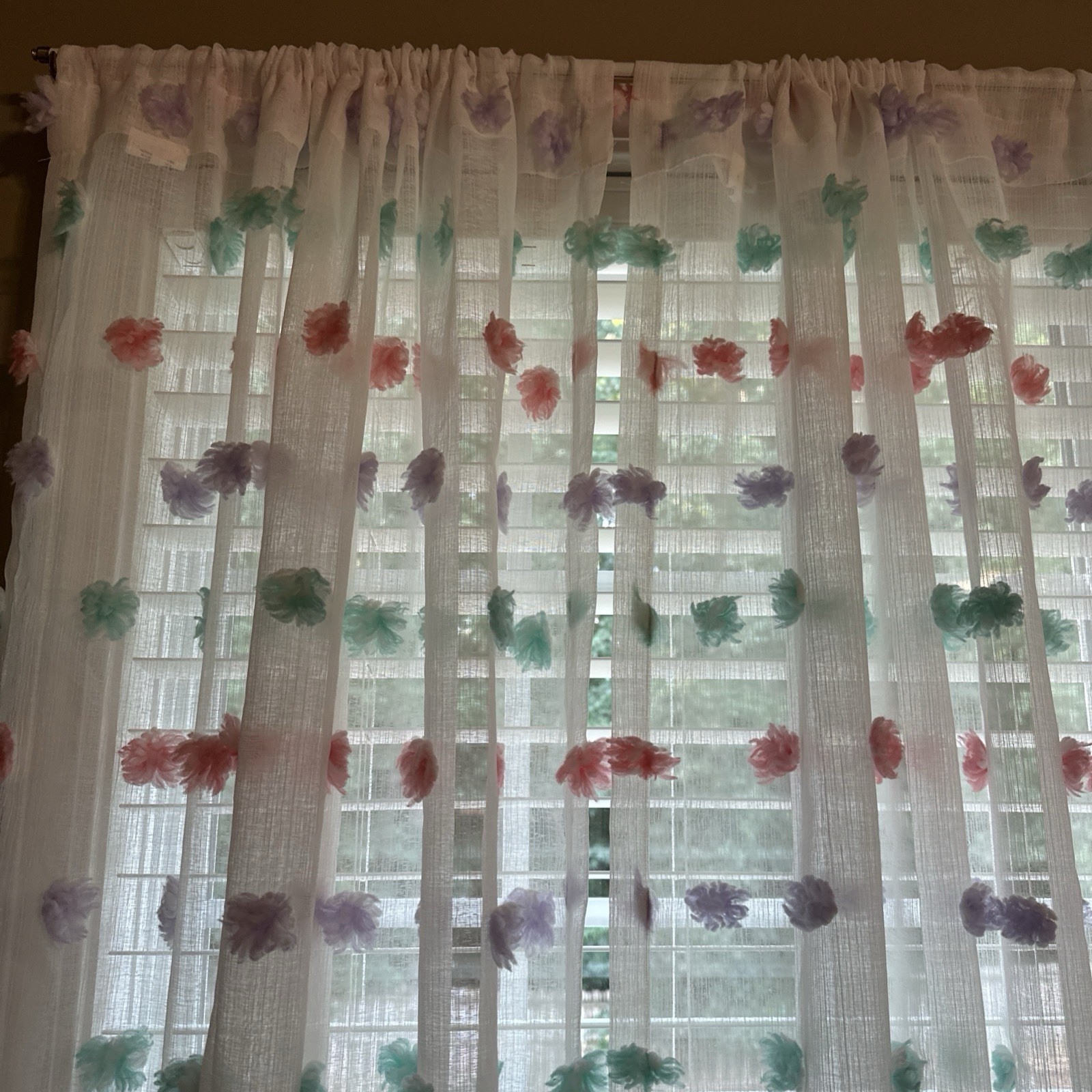 YOUR ZONE POM POMS CURTAIN PANEL 38X84 SHEER WHITE PASTEL COLORS EUC