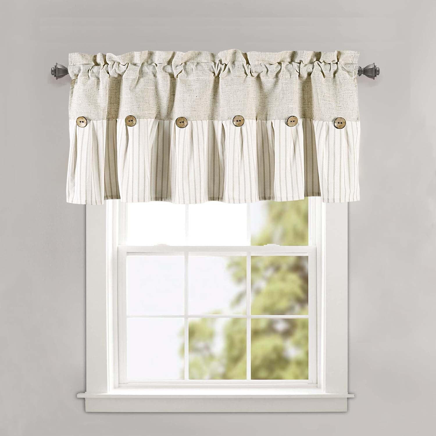 Farmhouse Striped Cotton Blend Pleated Valance Curtain with Coconut Button 52×18