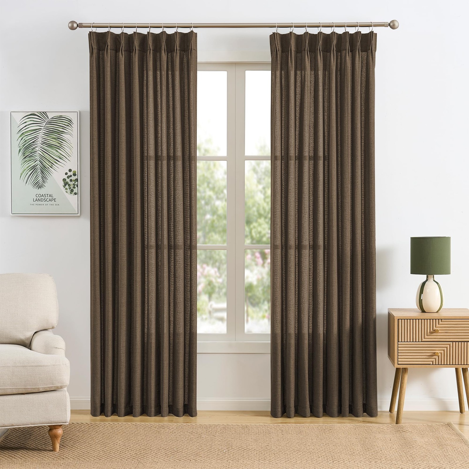 RAIN CITY Brown Pleated Linen Curtains 86 Inches Long Farmhouse Semi Sheer Me…