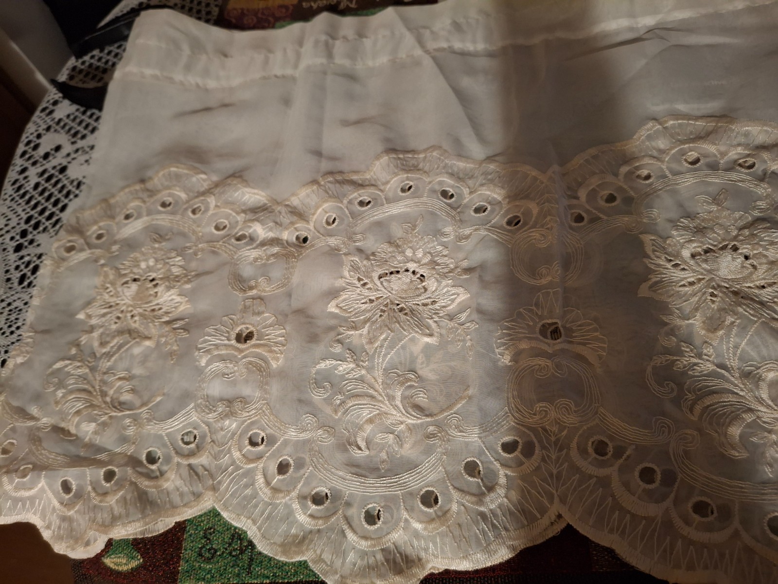 Pair Sheer Battenburg Lace Valance Vintage Ivory 60×18”