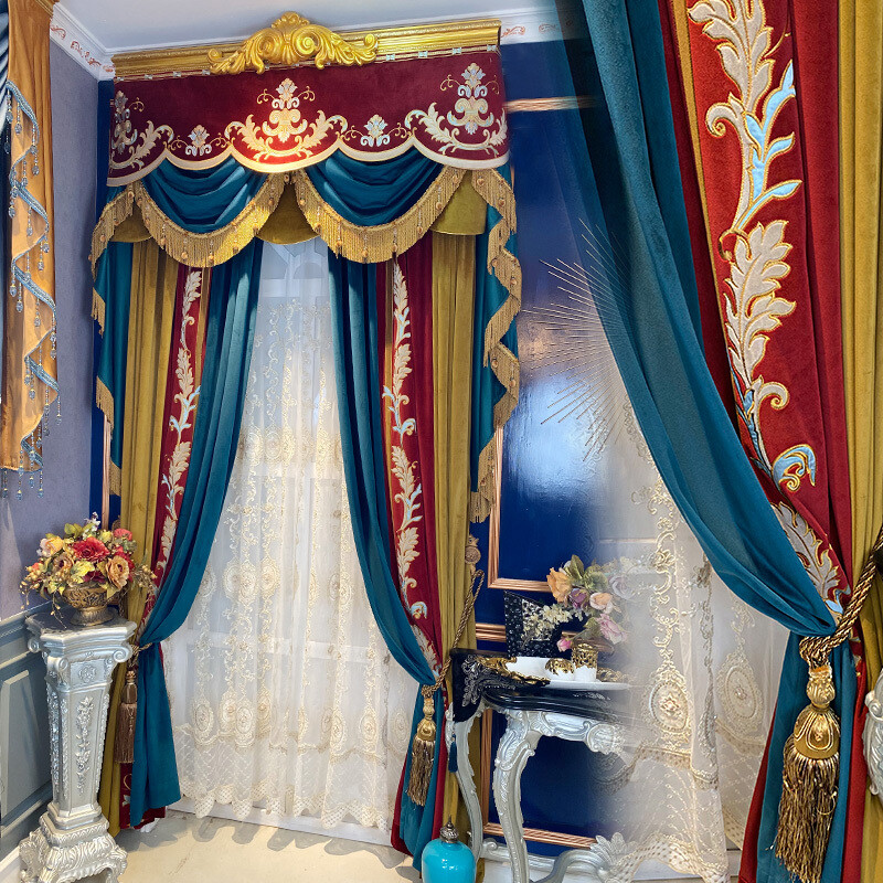 Custom luxury French high-end velvet blue red cloth curtain valance drape C1043