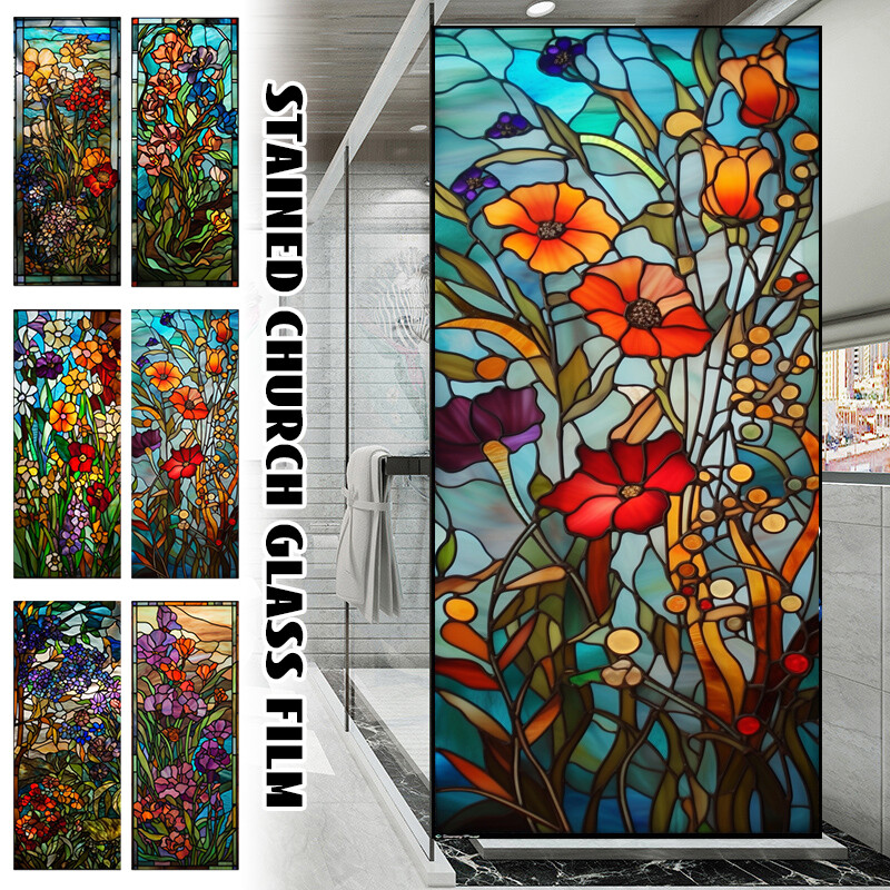 Stained Church Glass Film Flower Magnolia Windows Stickers Cling Frosted
